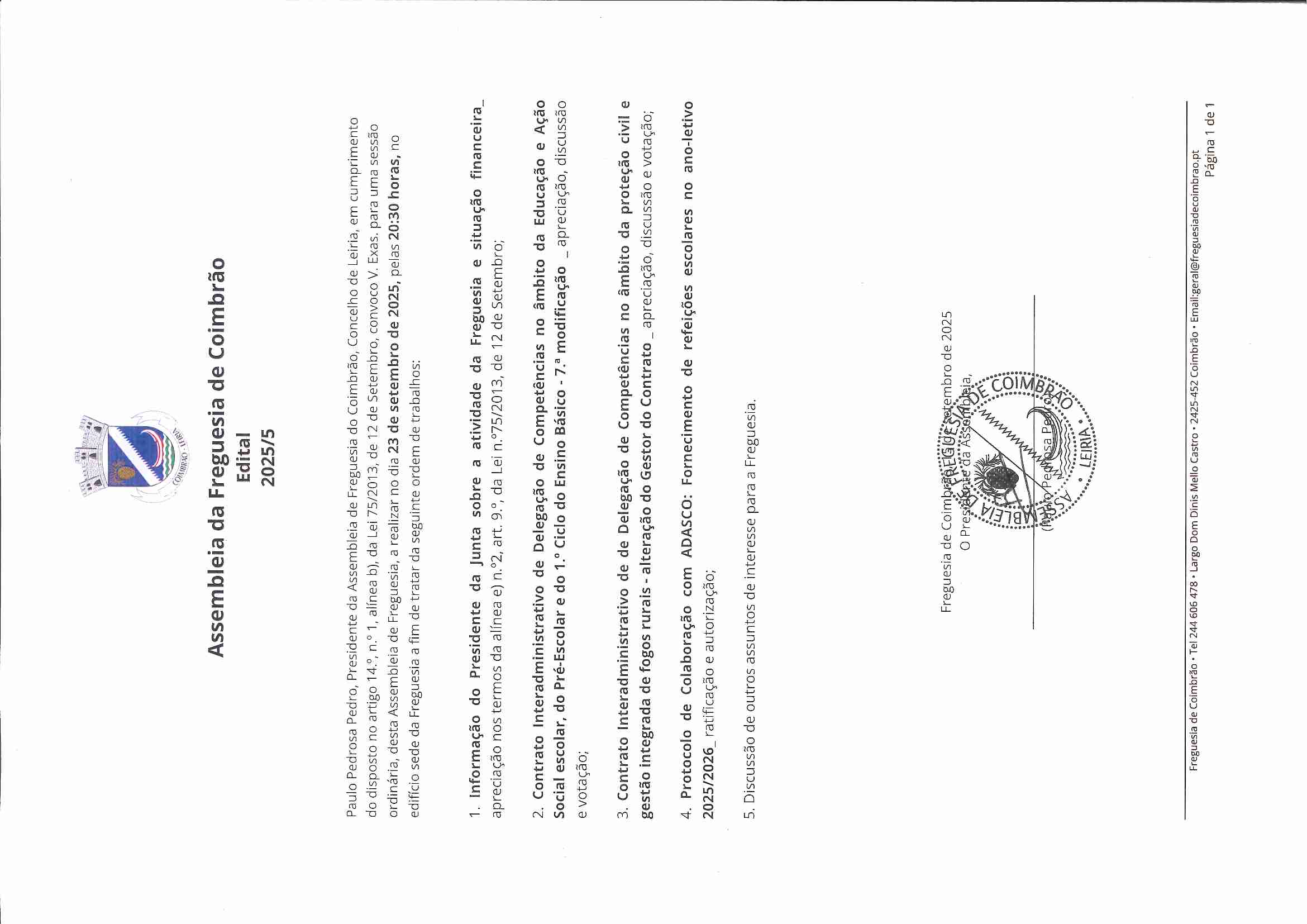 Notícia Convocatória Assembleia de Freguesia - Sessão Ordinária - 23 de setembro de 2025