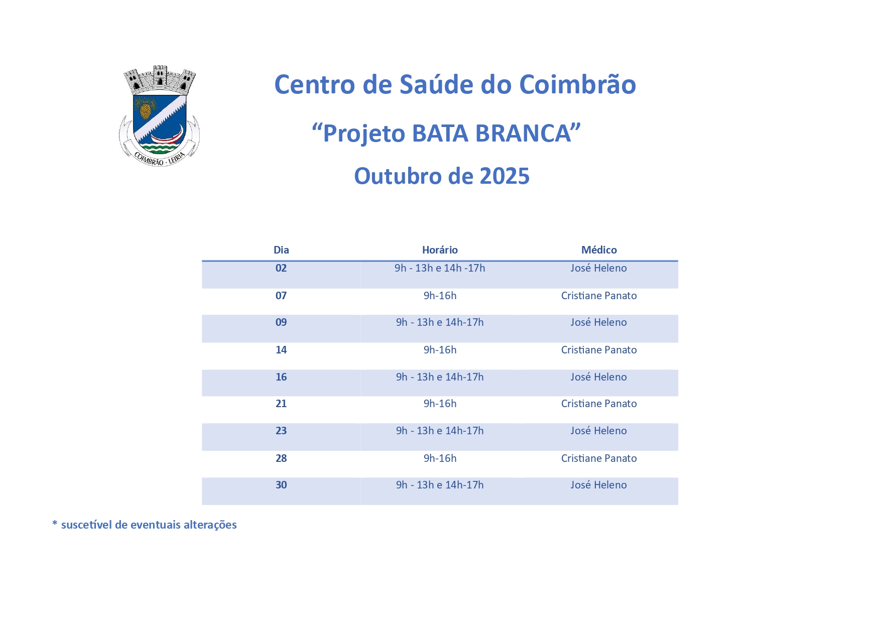Notícia ESCALA DE ATENDIMENTO MÉDICO – OUTUBRO | COIMBRÃO